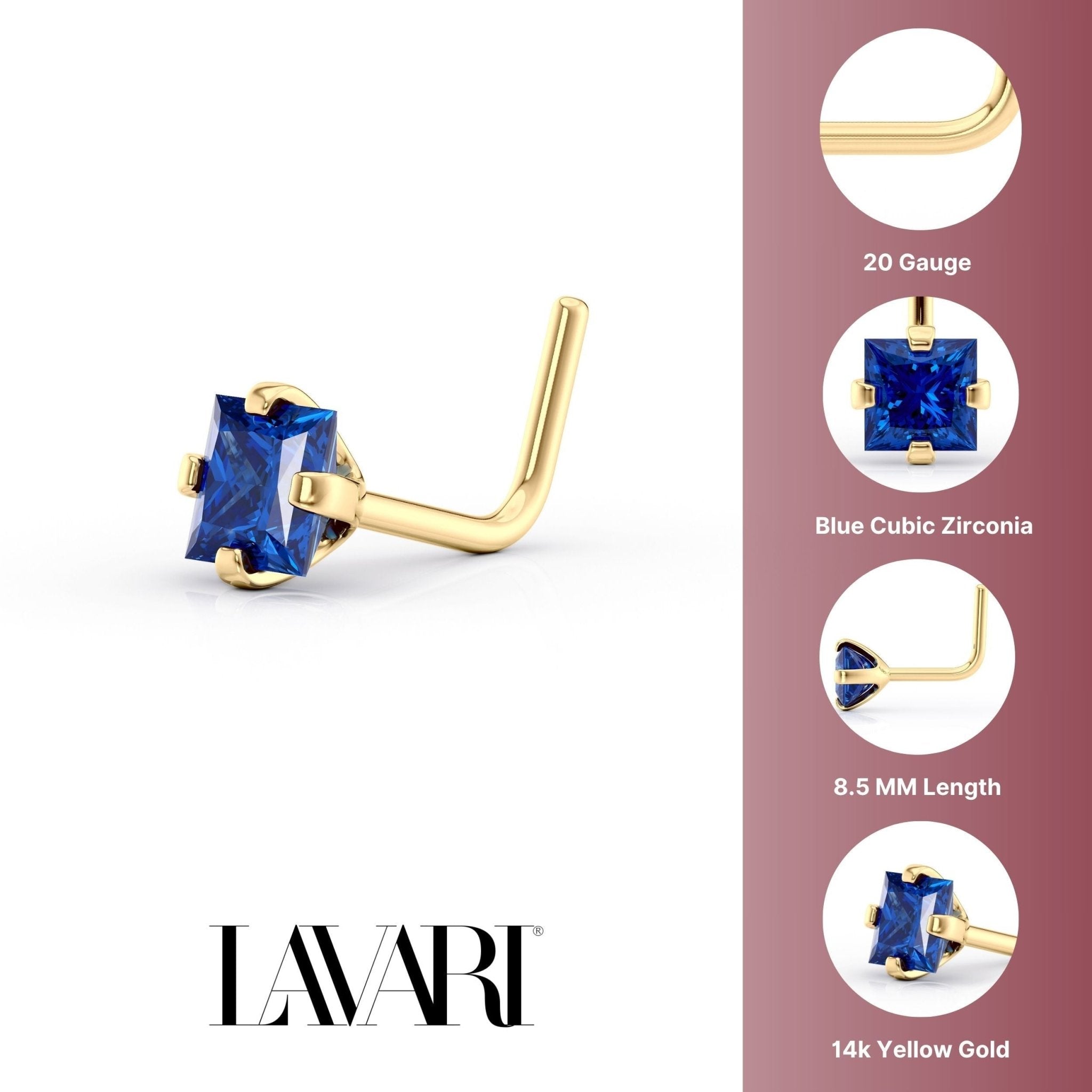 14K L-Shaped Colored CZ Nose Ring - 20G