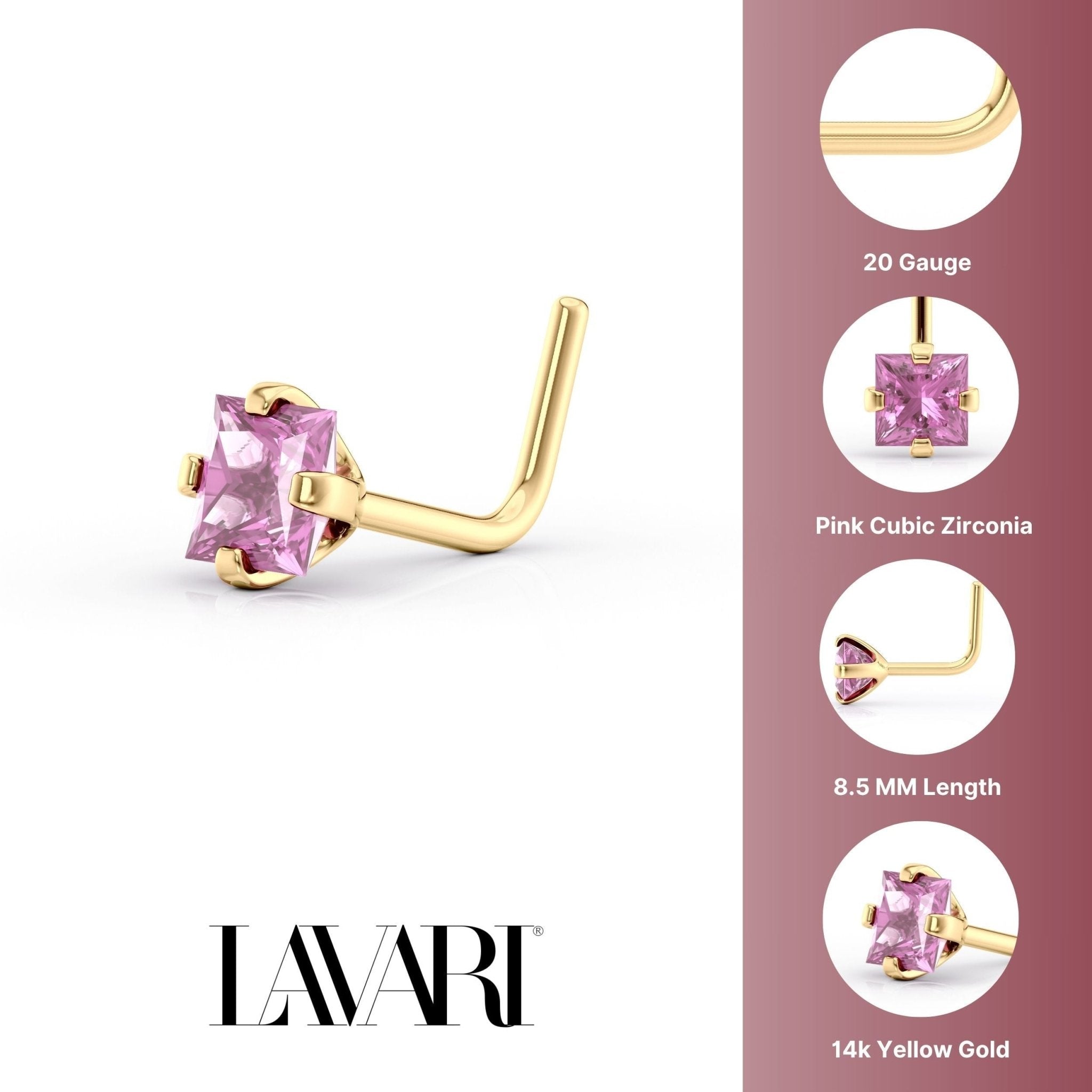 14K L-Shaped Colored CZ Nose Ring - 20G