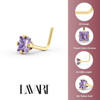 14K L-Shaped Colored CZ Nose Ring - 20G