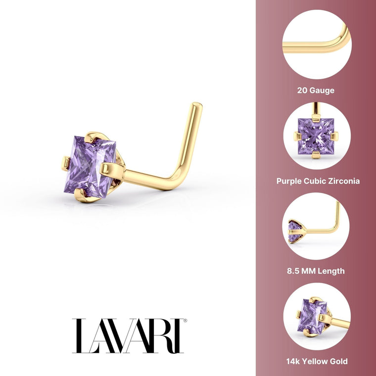 14K L-Shaped Colored CZ Nose Ring - 20G