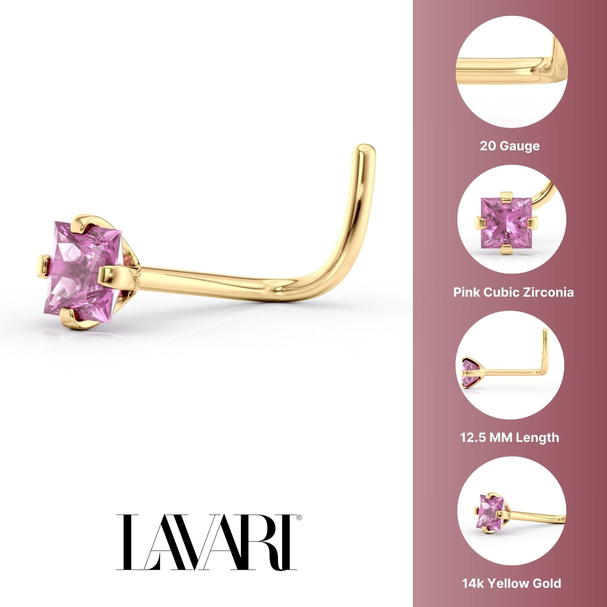 14K Screw Colored CZ Nose Ring - 20G