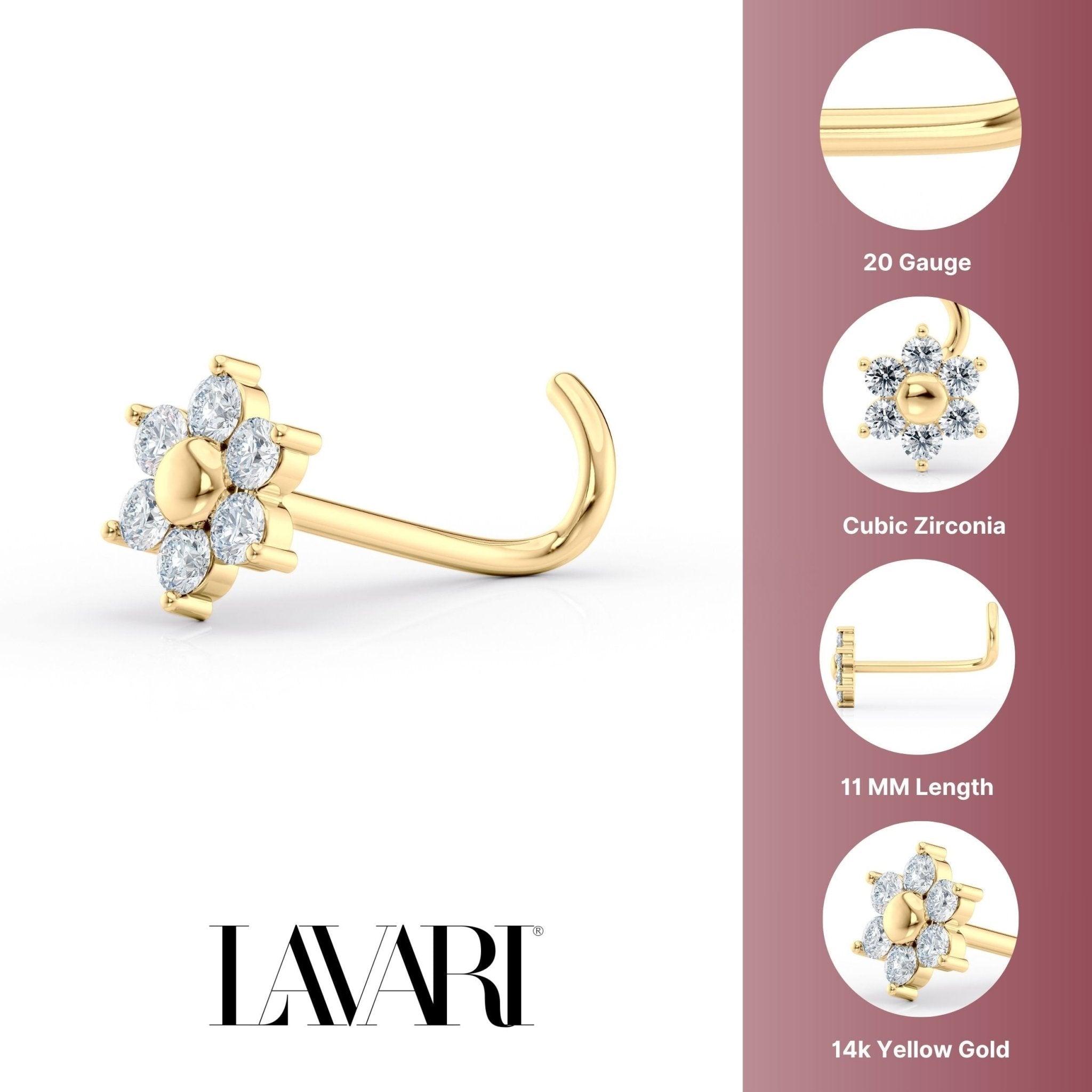14K Flower Cubic Zirconia Curved Nose Ring - 20G
