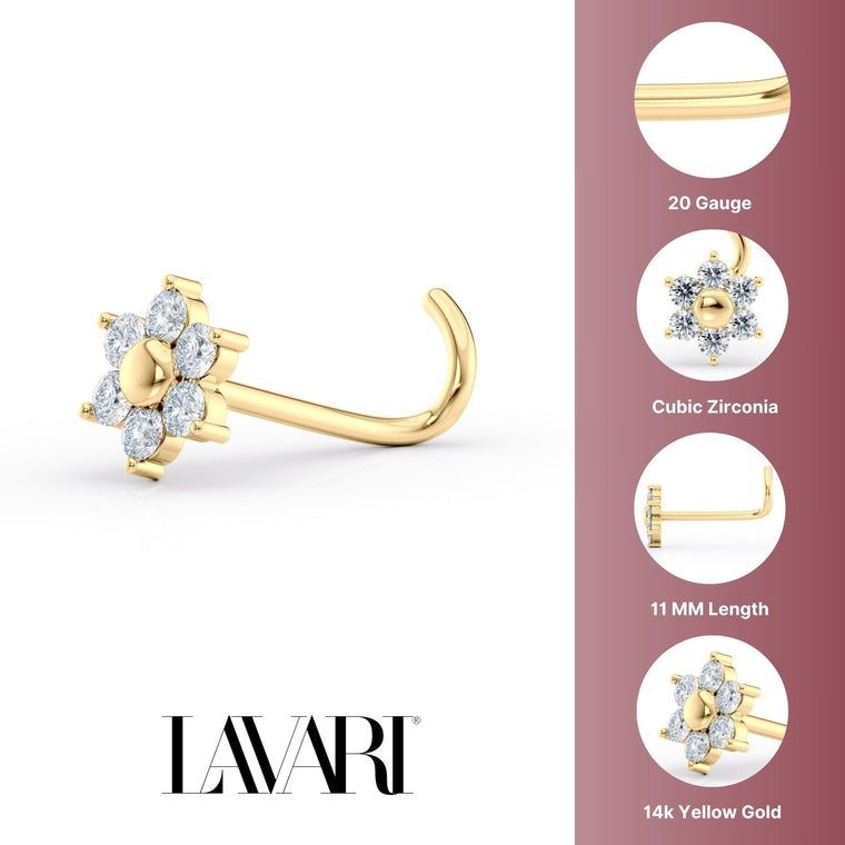 14K Flower Cubic Zirconia Curved Nose Ring - 20G