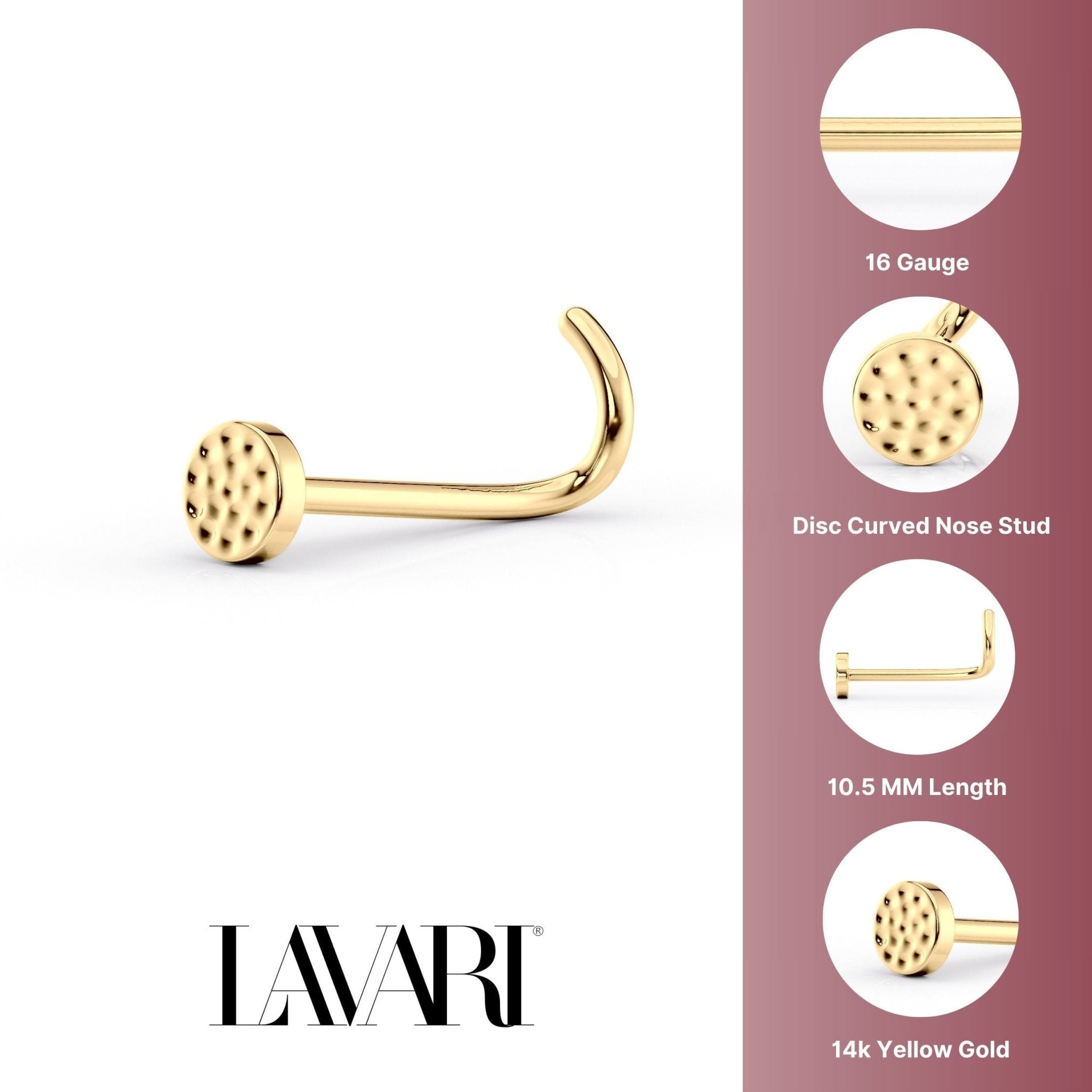 14K Hammered Disc Curved Nose Ring - 20G