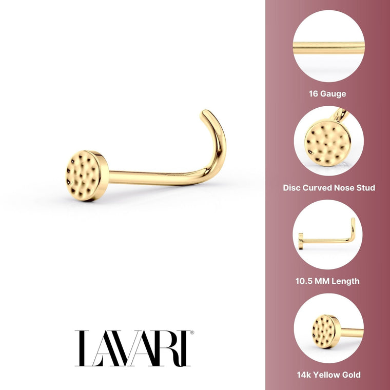 14K Hammered Disc Curved Nose Ring - 20G