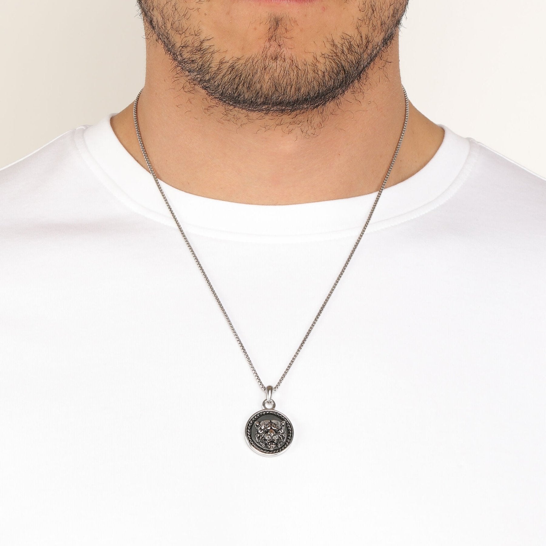 Men’s Black Agate Tiger Medallion Pendant in Stainless Steel