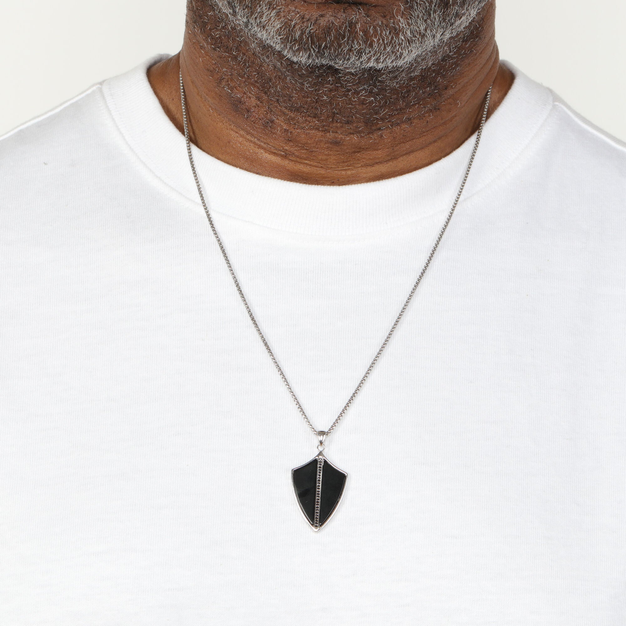 Men's Black Spinel Shield Pendant in Sterling Silver