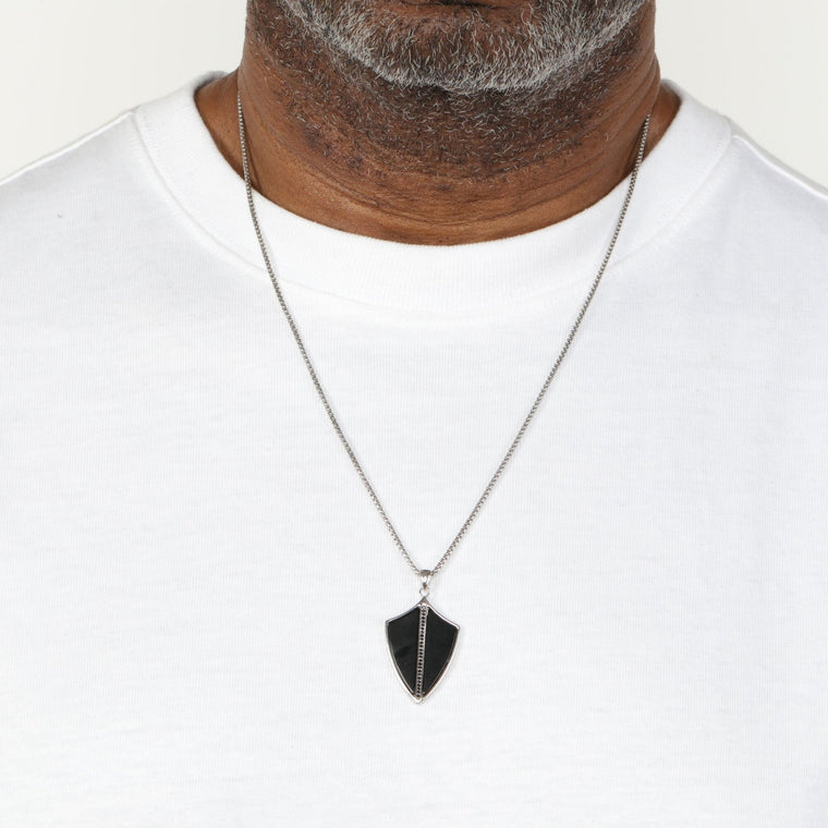 Men's Black Spinel Shield Pendant in Sterling Silver