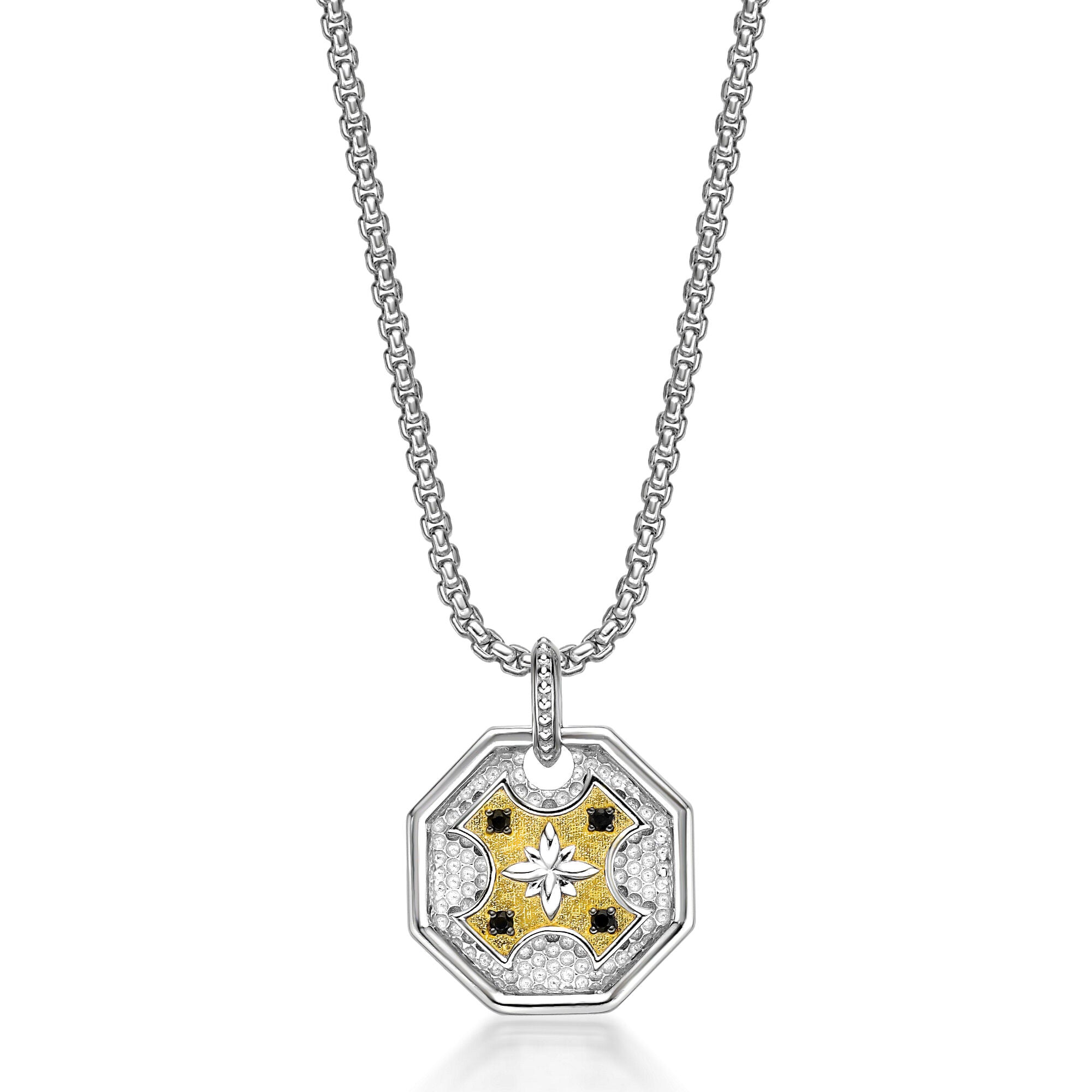 Men's Two-Tone Black Spinel Medallion Pendant in Sterling Silver
