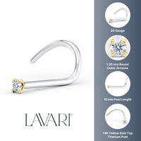 Titanium Cubic Zirconia Curved Nose Ring with 14K Gold - 20G