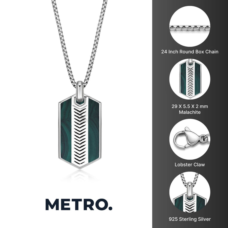 Chevron Malachite Dog Tag Pendant in Sterling Silver, 24"