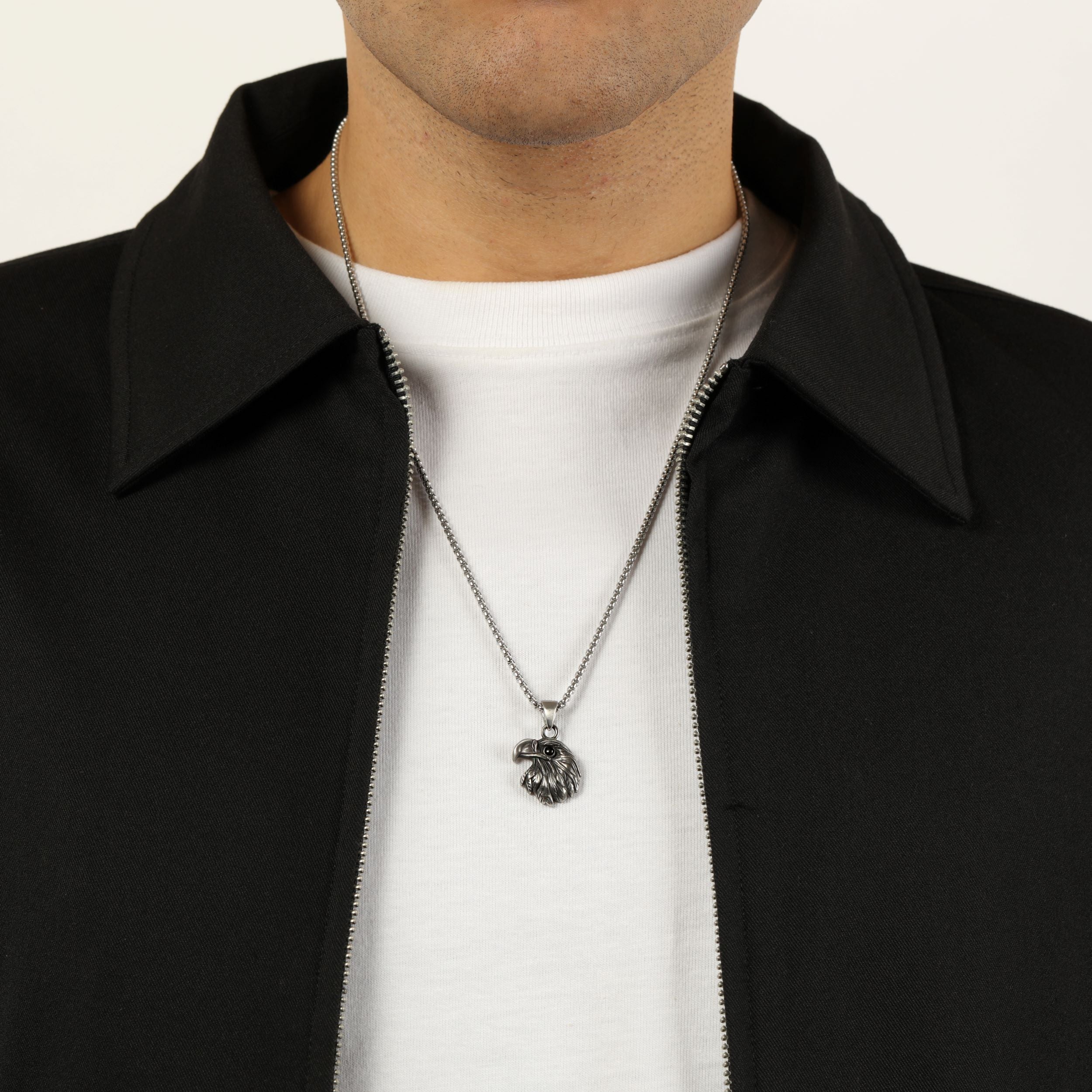 Eagle Head Pendant with Black Agate in Antique Finish Stainless Steel