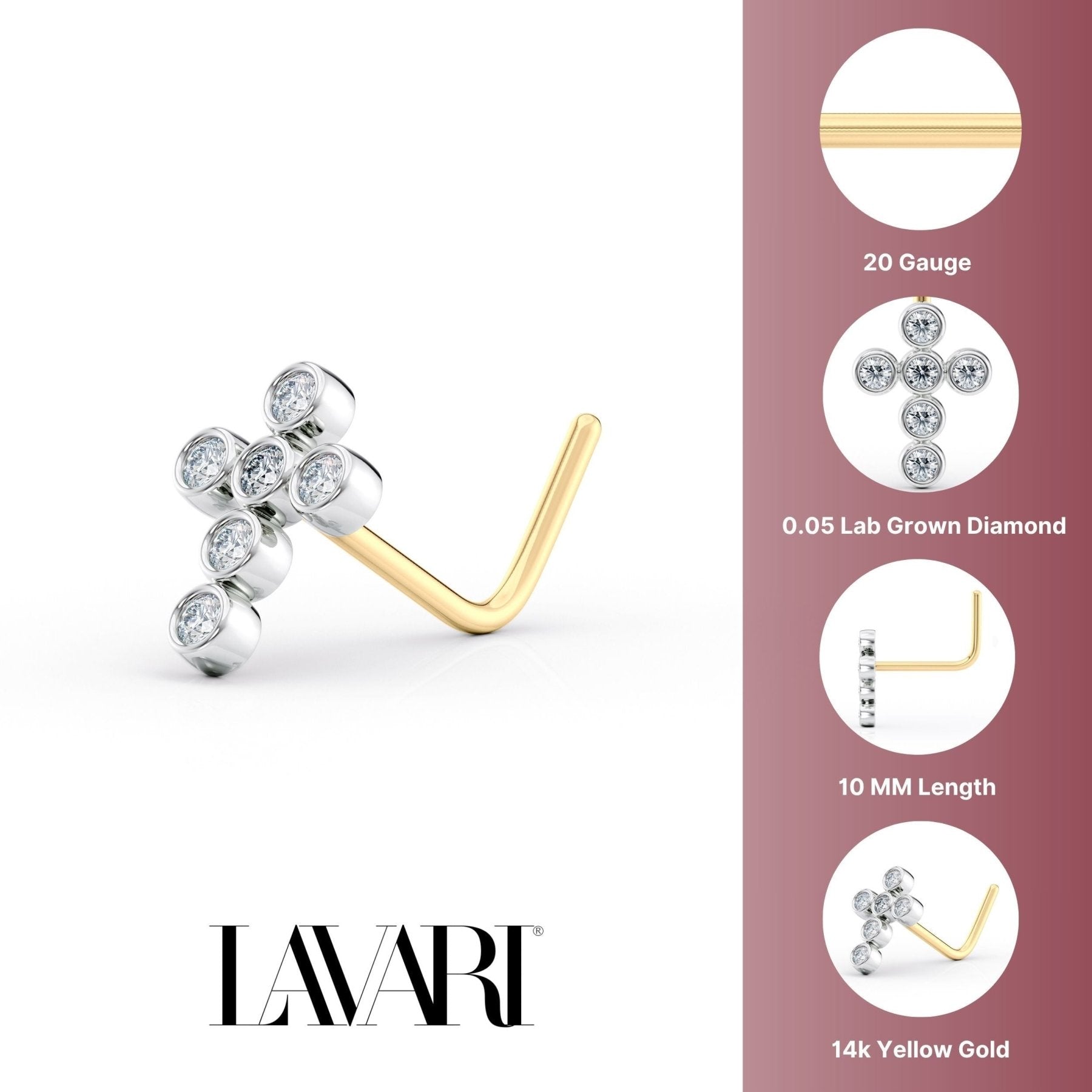14K Gold Cross 0.05 Carat Lab Grown Diamond Nose Stud - 20G