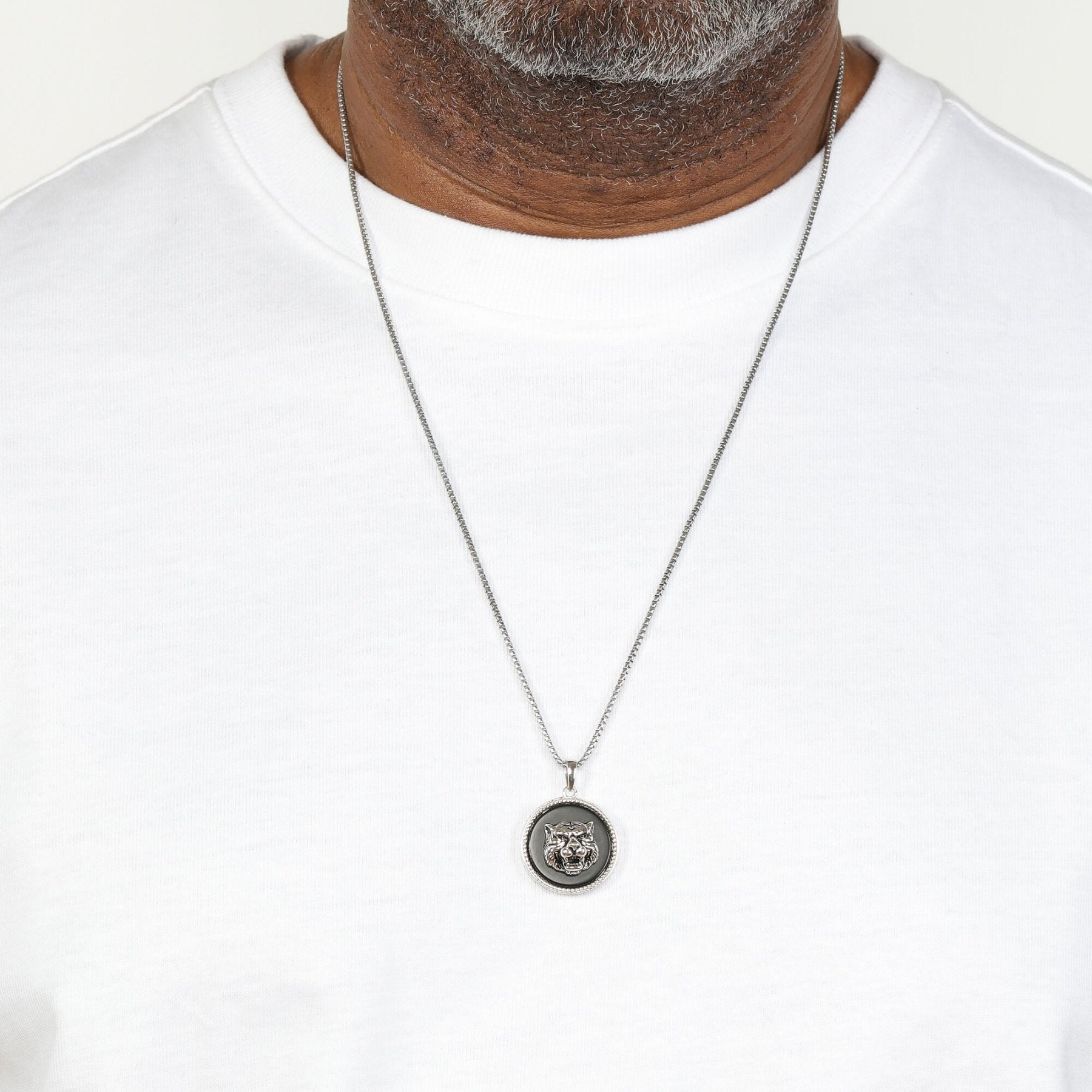 Men’s Black Agate Tiger Medallion Pendant in Stainless Steel