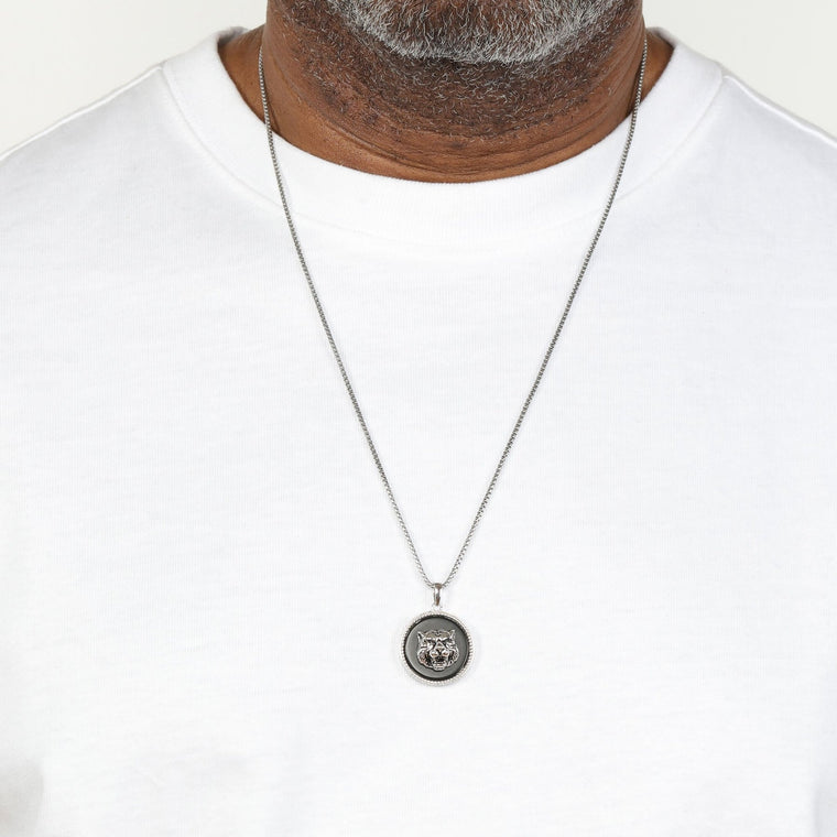 Men’s Black Agate Tiger Medallion Pendant in Stainless Steel