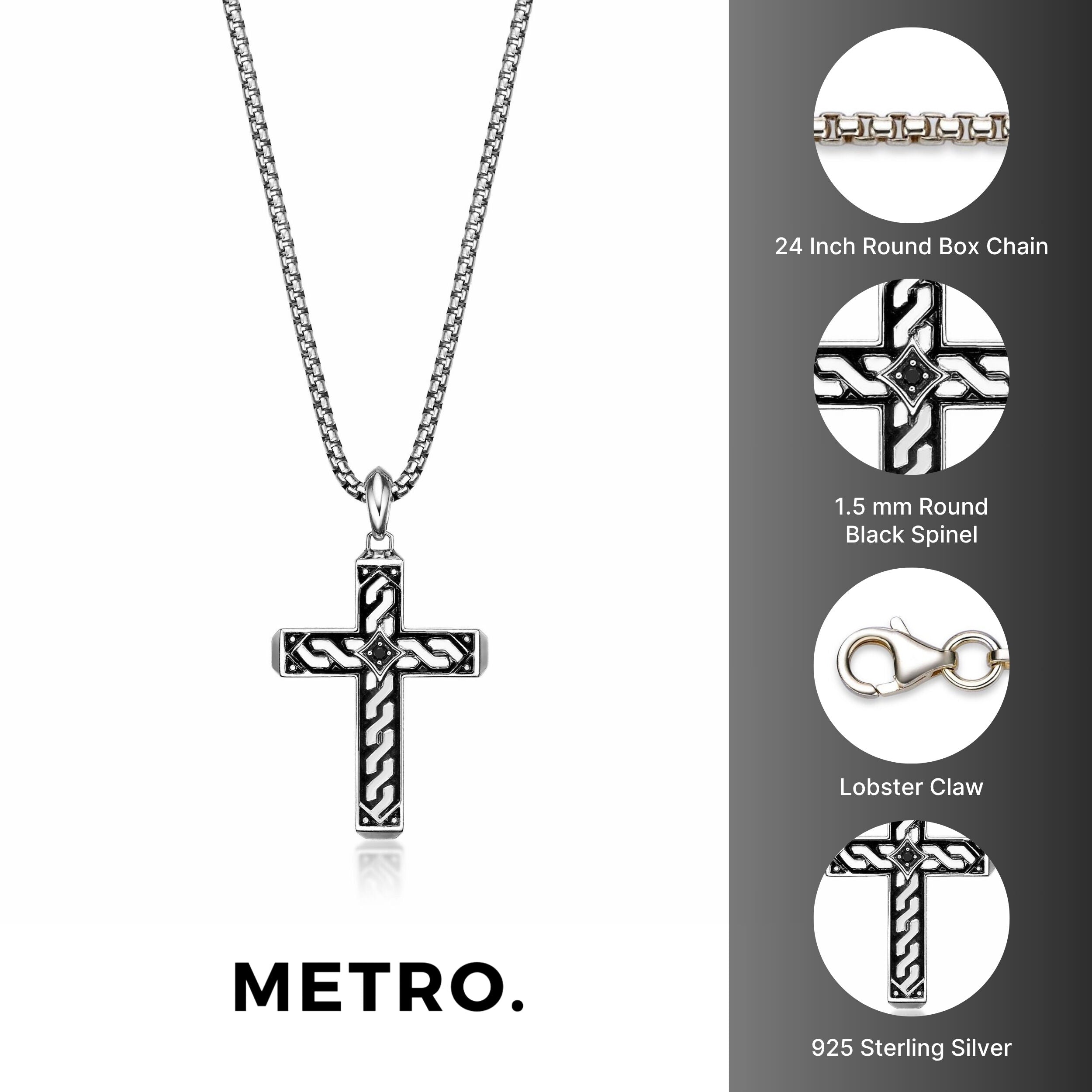 Men's Black Spinel Cross Pendant in Sterling Silver