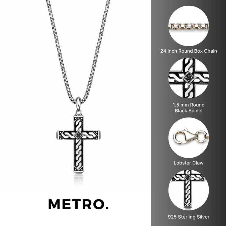 Men's Black Spinel Cross Pendant in Sterling Silver