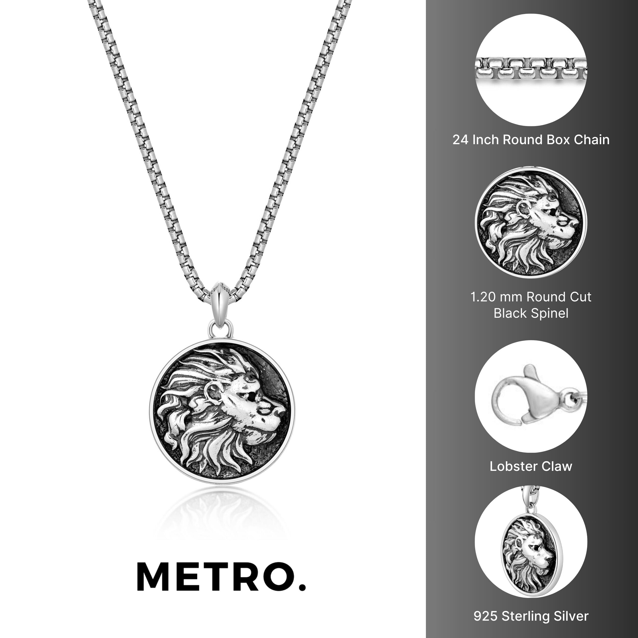 Black Spinel Lion's Head Medallion Pendant in 925 Sterling Silver