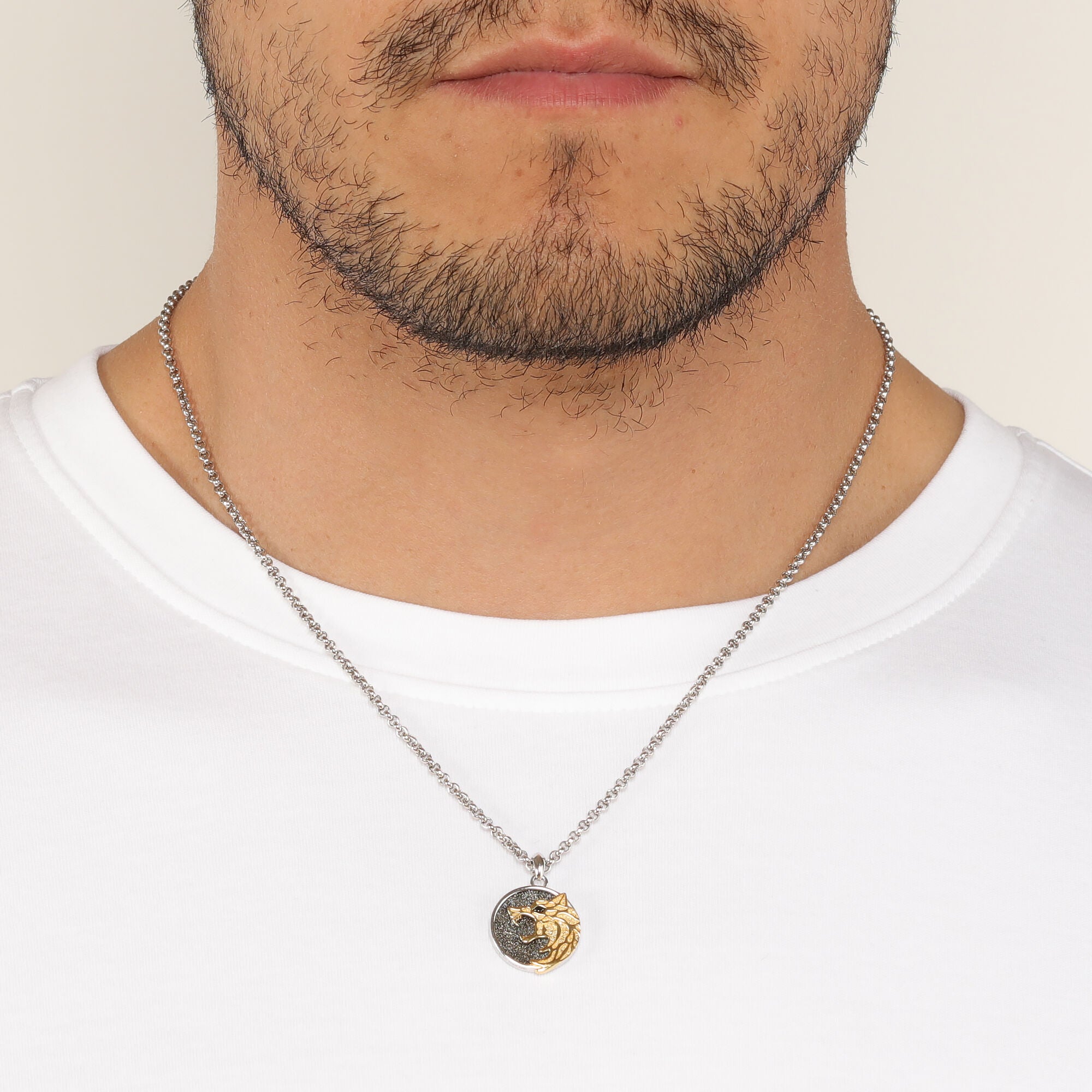 Men's Two-Tone Black Spinel Wolf Pendant in in Sterling Silver with Yellow Gold Plated Accent