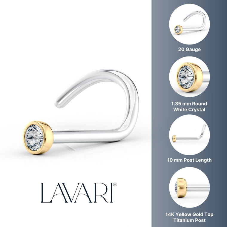 Titanium White Crystal Curved Nose Ring with 14K Gold - 20G