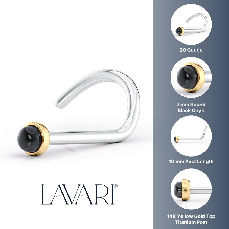 Titanium Black Onyx Curved Nose Ring with 14K Gold - 20G