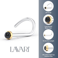 Titanium Black Onyx Curved Nose Ring with 14K Gold - 20G