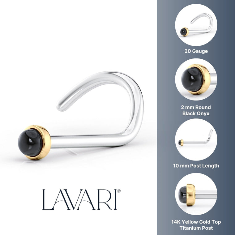 Titanium Black Onyx Curved Nose Ring with 14K Gold - 20G