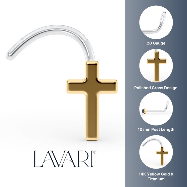Titanium Curved Nose Ring with 14K Gold Cross - 20G