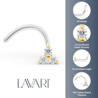 Titanium Cubic Zirconioa Triangle Curved Nose Ring with 14K Gold - 20G