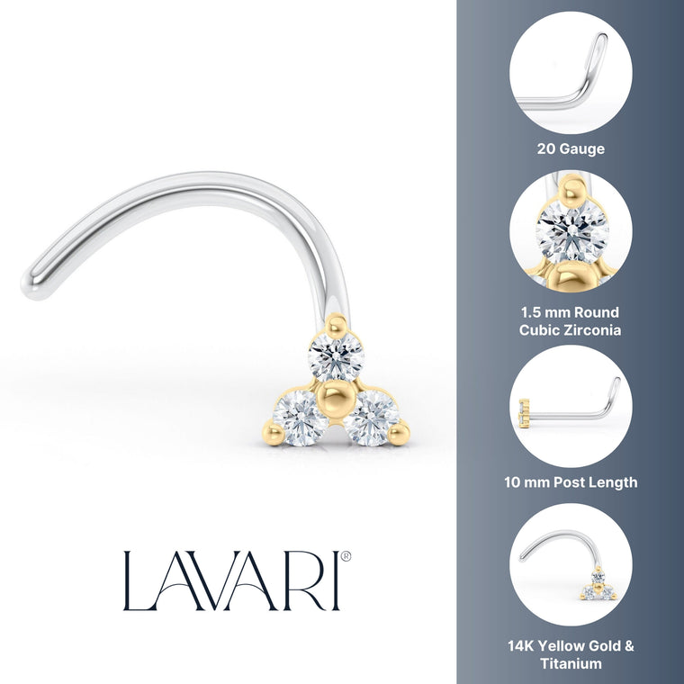 Titanium Cubic Zirconioa Triangle Curved Nose Ring with 14K Gold - 20G