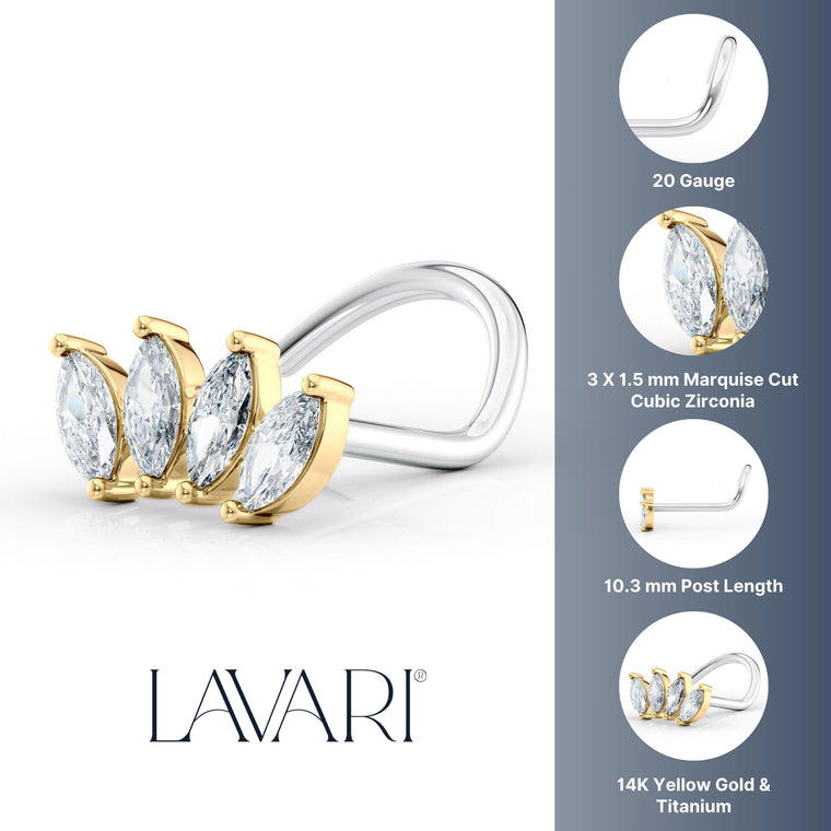 Titanium Marquise Cut Cubic Zirconioa Curved Nose Ring with 14K Gold - 20G