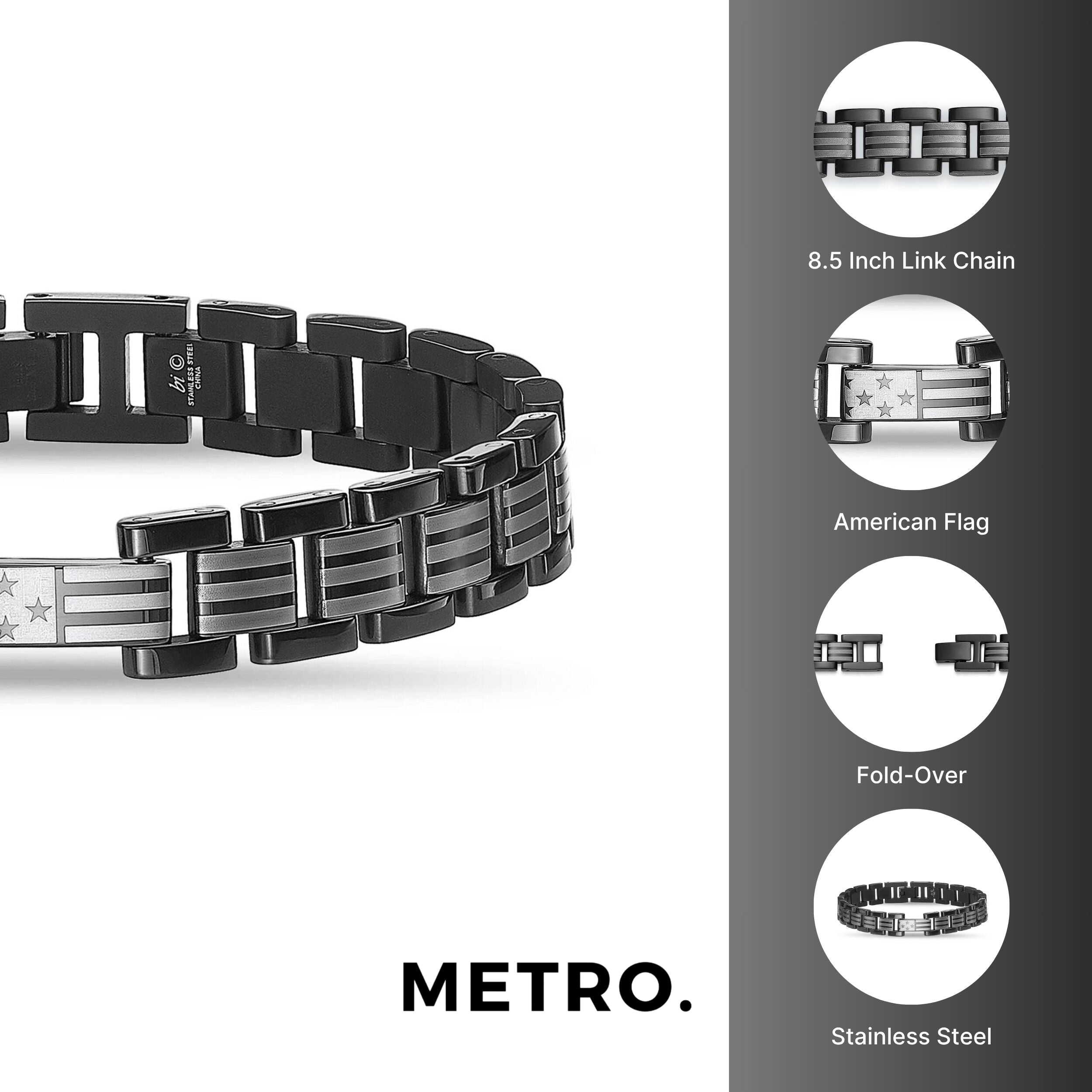 American Flag Bracelet in Black Ion-Plated Stainless Steel
