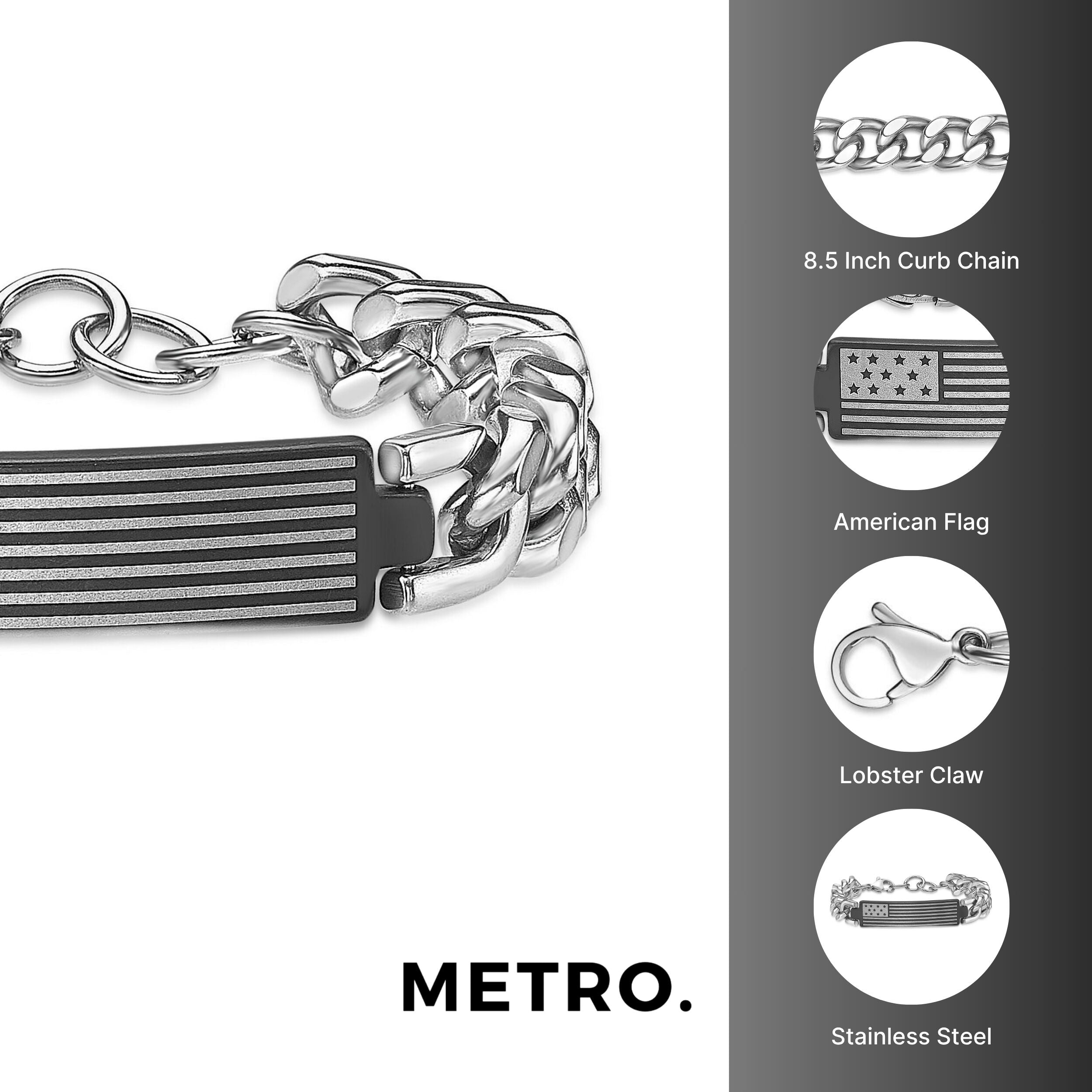 American Flag Chain Bracelet in Black Ion-Plated Stainless Steel