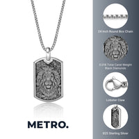 Lion's Head Dog Tag Pendant with 0.018 cttw Black Diamonds in Sterling Silver, 24"