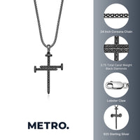 0.75 cttw Black Diamond Nail Cross Pendant in Sterling Silver, 24"