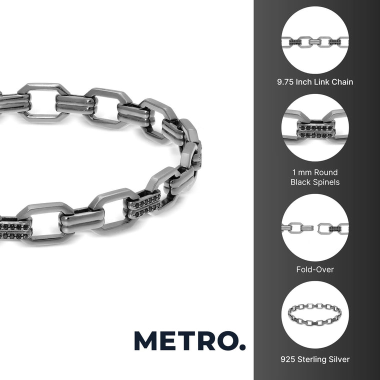 Black Spinel Link Bracelet in Sterling Silver, 9.75"