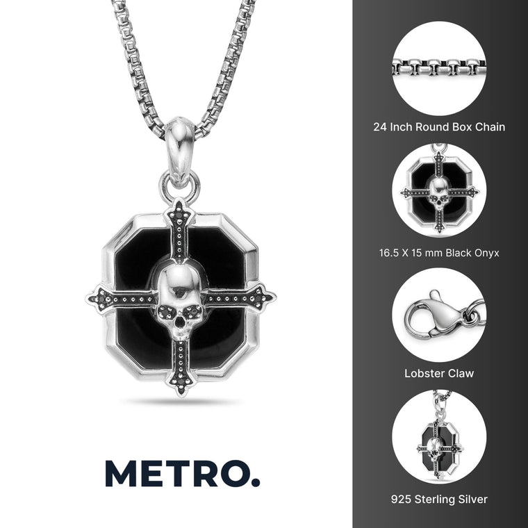 Cross Medallion Skull Pendant in Sterling Silver and Black Onyx, 24"