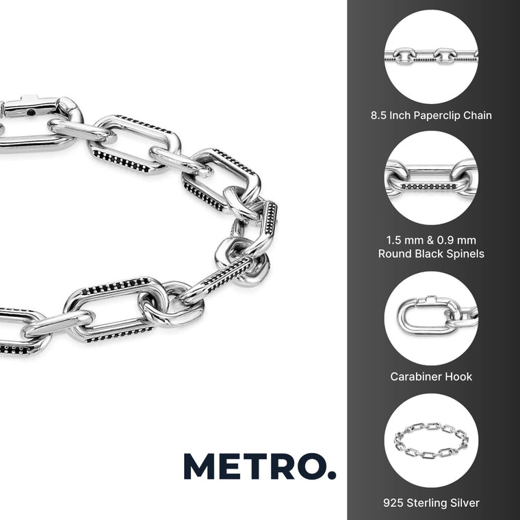 Paperclip Link Black Spinel Bracelet in Sterling Silver, 8.5"