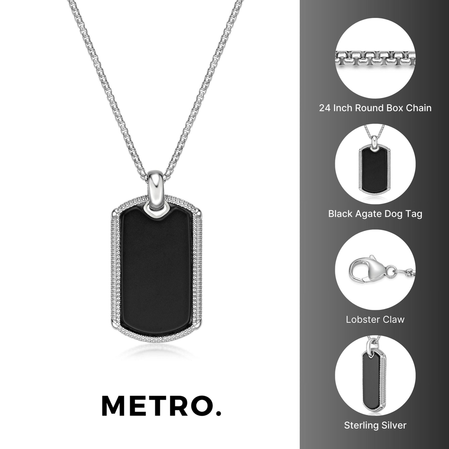 Men’s Black Agate Dog Tag Pendant in Stainless Steel