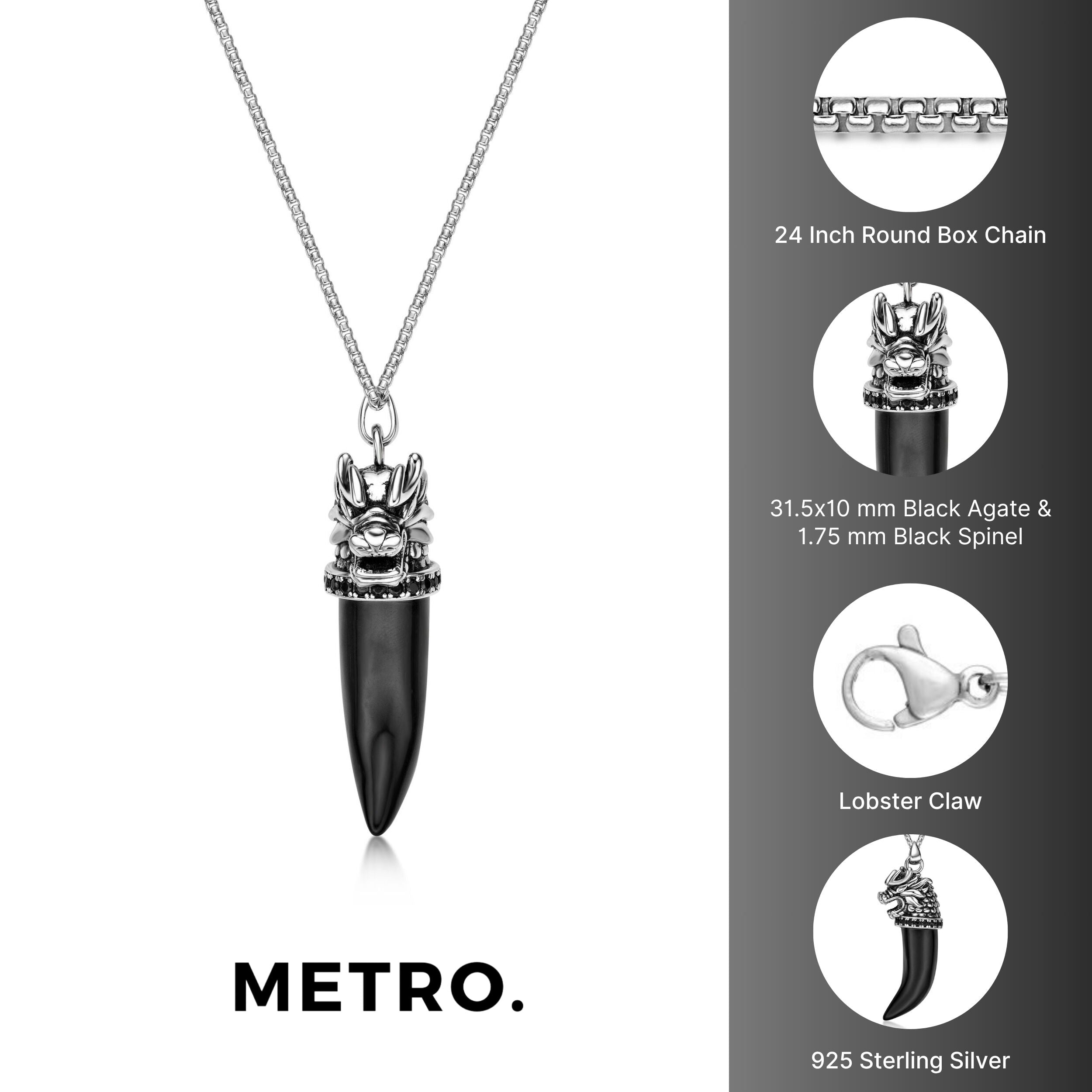 Men's Black Agate Claw Pendant with Black Spinel in Sterling Silver