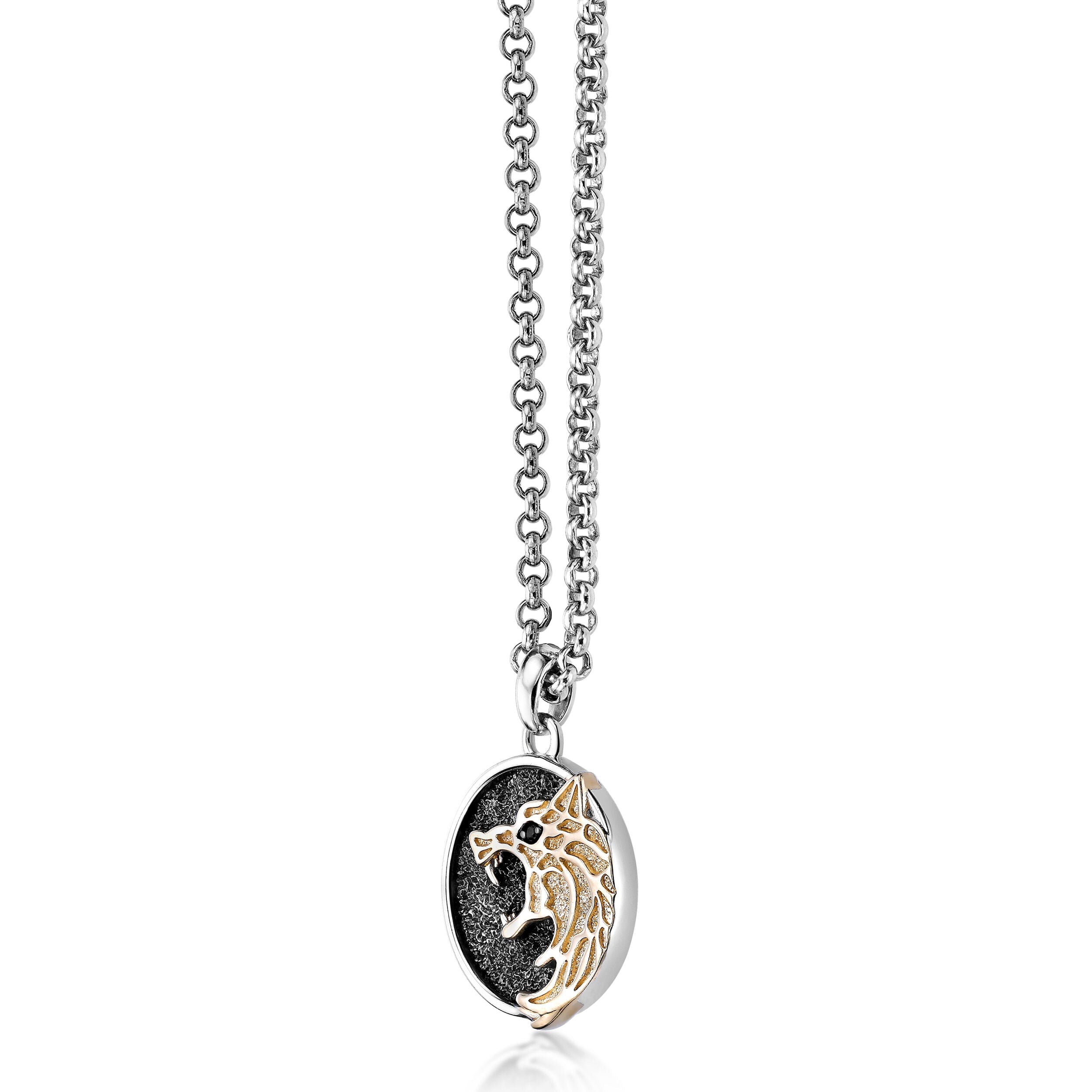 Men's Two-Tone Black Spinel Wolf Pendant in in Sterling Silver with Yellow Gold Plated Accent