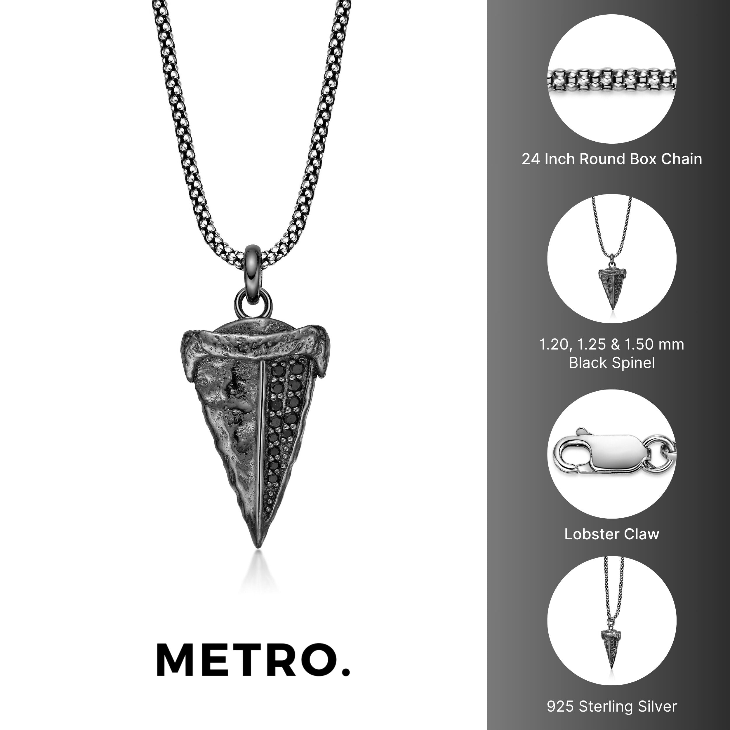 Black Spinel Shark Tooth Pendant in Sterling Silver