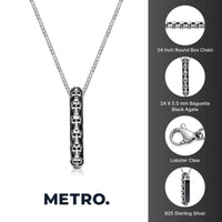 Vertical Bar Skull Pendant in Sterling Silver and Black Agate, 24"