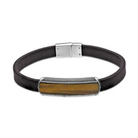 Brown Leather Bracelet with Tiger Eye Bar in Sterling Silver, 8.5"
