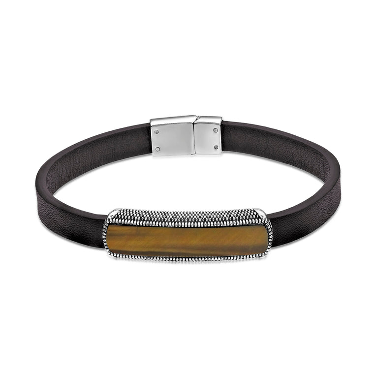 Brown Leather Bracelet with Tiger Eye Bar in Sterling Silver, 8.5"