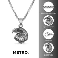 Eagle Head Pendant with Black Agate in Antique Finish Stainless Steel
