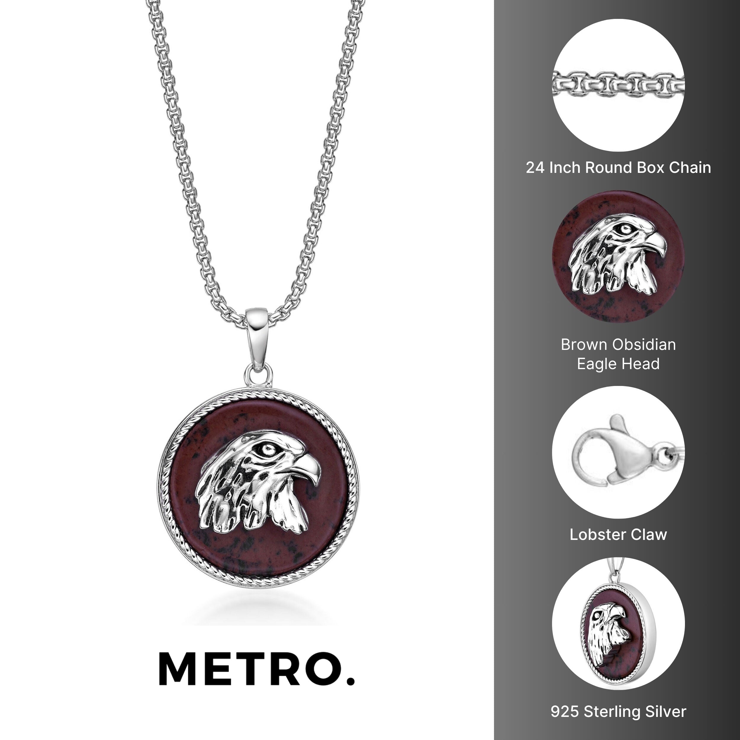 Round Eagle Pendant in Brown Obsidian and Serling Silver