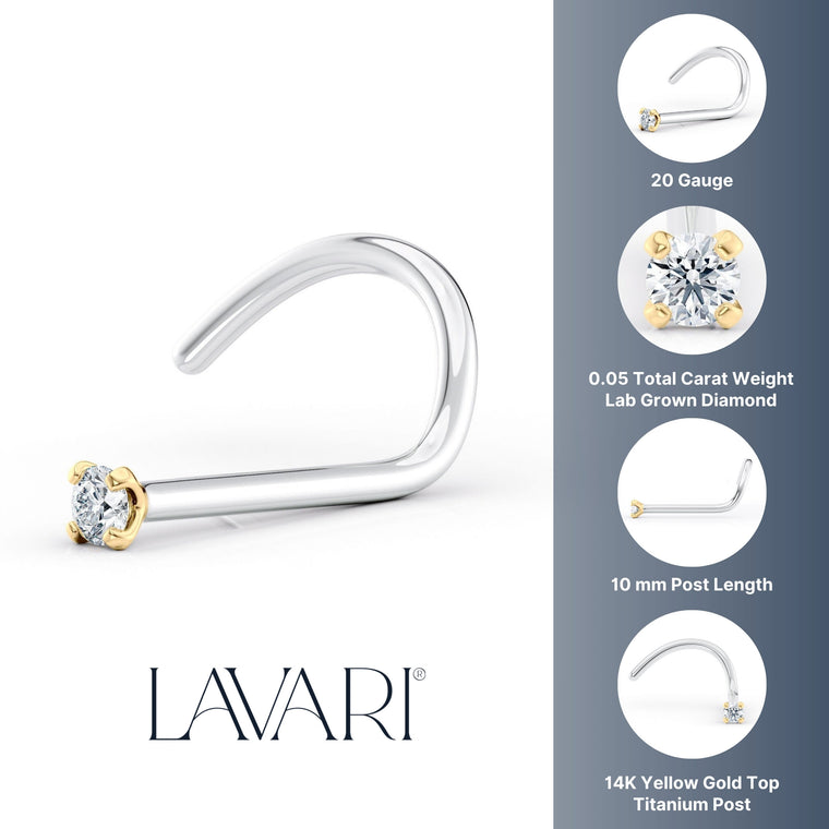 Titanium Diamond Curved Nose Ring with 14K Gold - 20G