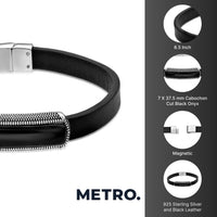 Black Leather Bracelet with Black Agate Bar in Sterling Silver, 8.5"