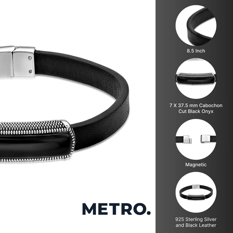 Black Leather Bracelet with Black Agate Bar in Sterling Silver, 8.5"